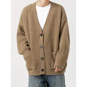 Men's Casual Knit Cardigan, Chunky Textured V-Neck Sweater with Pockets for Fall/Winter