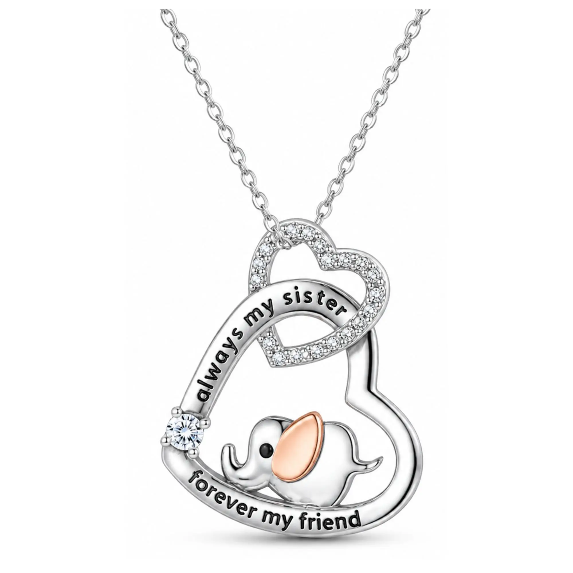 Sister Necklace for Women | Heart Elephant Necklace for Her | Cubic Zirconia Sterling Silver Pendant Engraved Always My Sister Forever My Friend |18 Inch Curb Chain