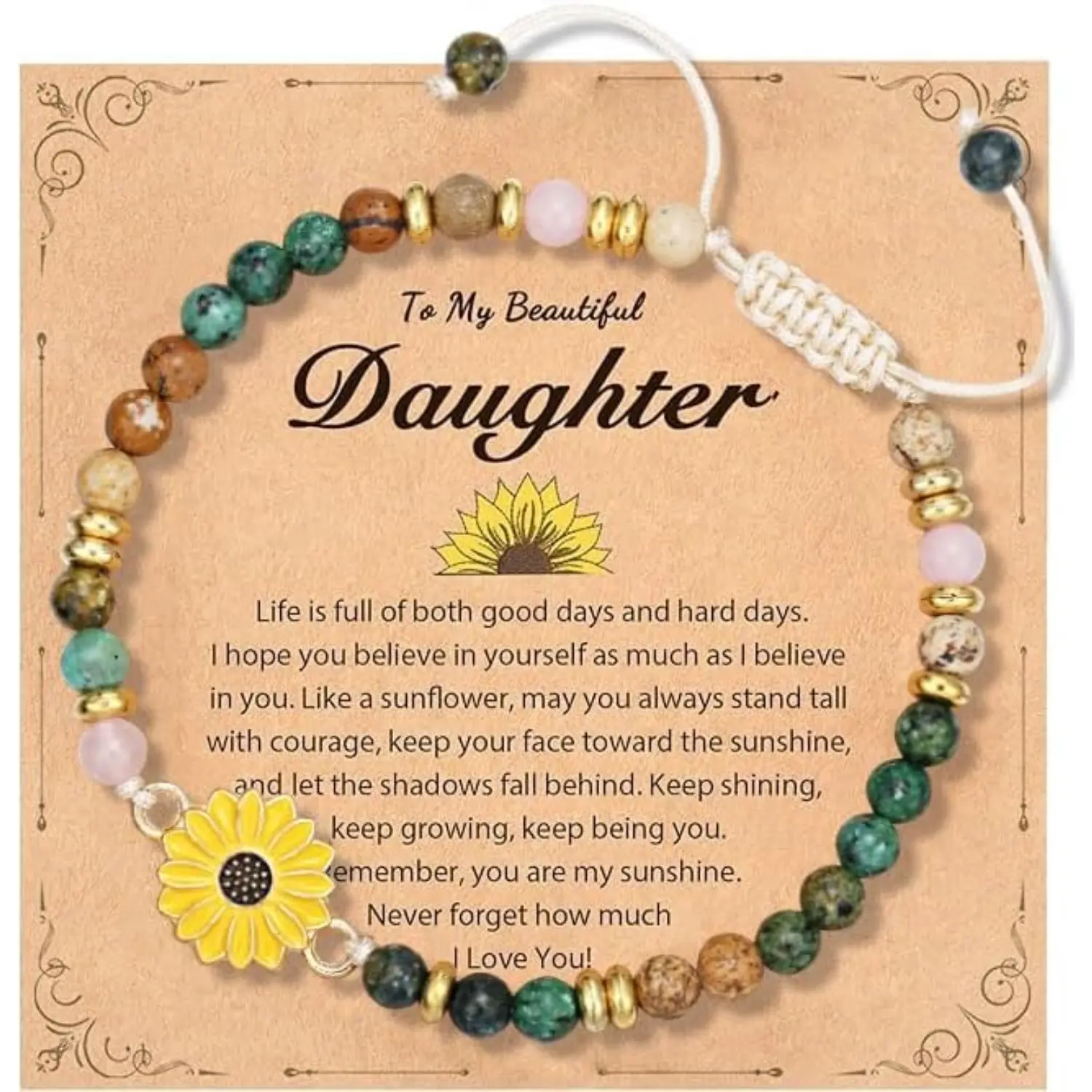 FLORIDECO Women's Rose Quartz & African Turquoise Nature Stones Bracelet with Sunflower Charm, Adjustable Trendy Love Jewelry for Daughter, Bracelet Stacking, Meaningful Birthday Gift, Casual Daily Wear