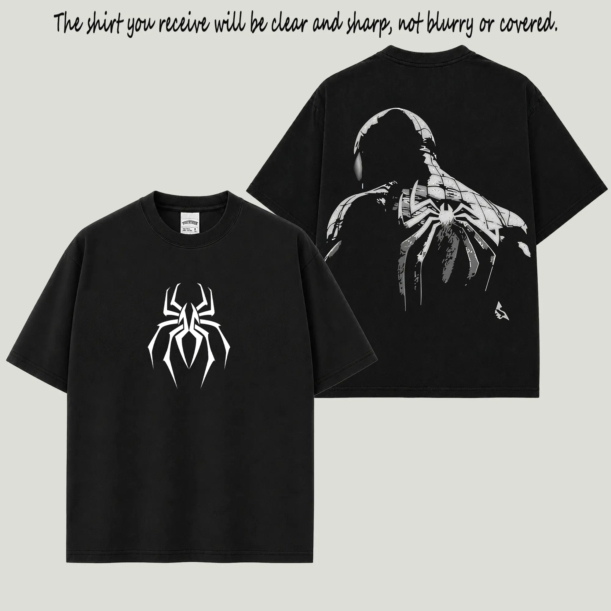 Spidey Black Suit Inspired Black Oversized T-Shirt, Premium Cotton White Spidey Logo Graphic Tee, Front Back Minimal Comic Print Shirt, Dark Superhero Streetwear Top, Gift For  Fans Men Women