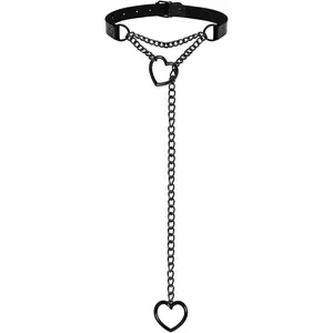 2PCS Black Choker Necklace for Women Leather Chokers Collar and Leash Set Goth Sexy Chokers for Women Heart Chain Choker Necklaces Jewelry Gift for Halloween Gothic Outfits Cosplay