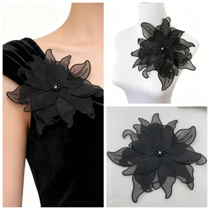 22 cm / 8.66 in Large White 3D Lace Flower Applique, Transparent Organza Embroidered Patch with Pearl Rhinestone Floral Center, for Wedding Veil, Bridal Dress DIY Handmade