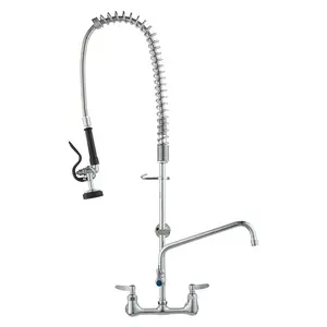 VEVOR Wall-Mounted Brass Kitchen Faucet, 36" Tall, 8" Installation Width, 12" Rotating Spout, Pull-Down Sprayer Included, Compatible with Single/Double/Triple Sinks