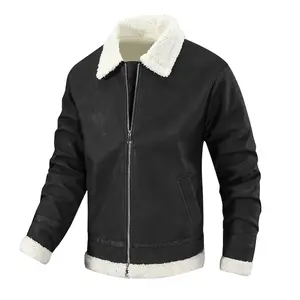 Men's Lapel Leather Fur Coat Vintage Thickened Fleece Lined Motorcycle Jacket Warm Winter Shearling Overcoats for Cold Weather