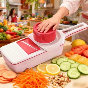 Geedel Japanese-Style 6-in-1 Red Mandoline Vegetable Slicer w/ Safety Guard & Storage Box – Reuse Small Food Pieces Safely Without Cutting Your Fingers – 6 Premium German Steel Blades – Perfect Christmas, Valentine’s & Mother’s Day Gift