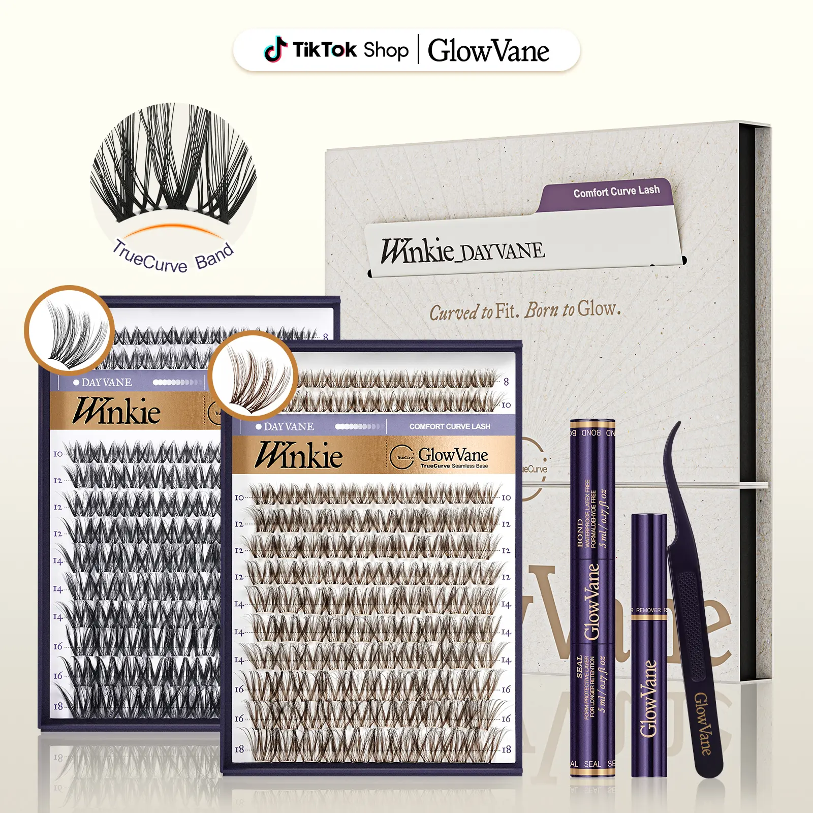 Winkie | GlowVane TrueCurve Cluster Lash Kit, Volume Wispy Black & Brown Lashes, 0.03mm Curved Band, Soft Lightweight, DD Curl, 8–18mm, Beginner-Friendly