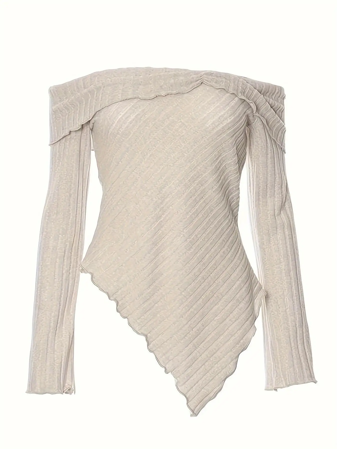 Women's Plain Lettuce Trim Off Shoulder Sweater, Casual Asymmetrical Hem Long Sleeve Jumper for Daily Outdoor Wear, Ladies Knitwear for All Seasons, D