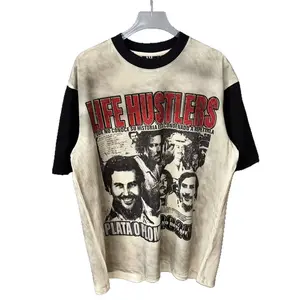 Oversized Vintage Washed Hustler Portrait Tee Rhinestone Slogan| Color Clash Grunge Y2K Bootleg Graphic T-Shirt| Unisex Edgy Hip Hop Streetwear Top for Men Women Festival Summer OOTD