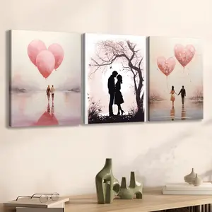 3 wooden frame canvases, Valentine's Day heart balloon posters, dreamy decorations, modern art, canvas, perfect gift for friends and family, home and room wall art, office, living room, bedroom wall decoration, high definition, 8K, odorless, waterproof.