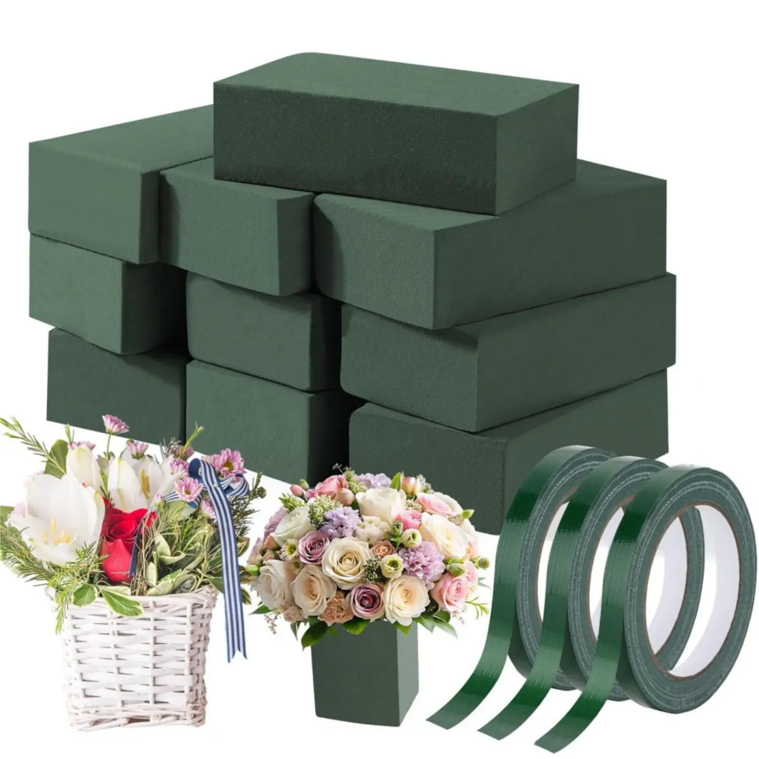 Durable High-Density Floral Arrangement DIY Kit - Home Improvement Supplies, 10 Pcs Small Foam Blocks (5.5x3.1x1.7in), 3 Rolls Waterproof Tape (12mmx65.62ft) for Fresh/Artificial Flowers, Weddings, Parties