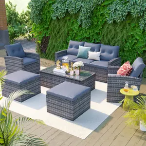 [OLD SKU FG 201201 AAE)6-piece All-Weather PE rattan Patio Outdoor Dining Conversation Sectional Set with coffee table, wicker sofas, ottomans,  removable cushions (Dark grey wicker, Light grey cushion)