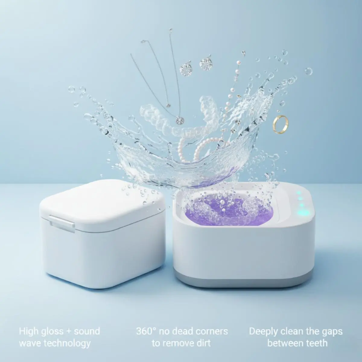Pure Nova USB Rechargeable Ultrasonic Oral Cleaner - 48kHz Vibration, Compact Cordless, 1-Button Operation, Portable Cleansing Case for Dentures, Braces, Retainers for Home, Travel Use, One-Button Operation