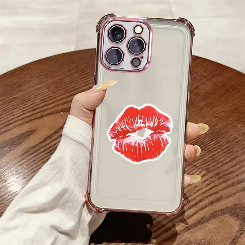 Classical Red Lips Kiss Pattern Phone Case - Cute Accessories, 4-Corner Electroplated Transparent Soft TPU Cover, Shockproof Anti-Drop Protector for iPhone 11-17 Pro/Pro Max/Plus, Samsung S22-S26 Ultra