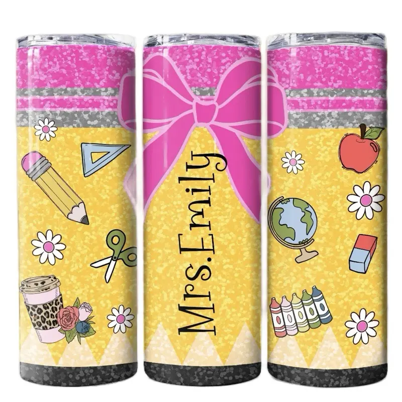 Teacher Appreciation Tumbler - Decorative Bottle with Pink Bow, Yellow Background, and School-Themed Illustrations - Drinkware Water Bottles