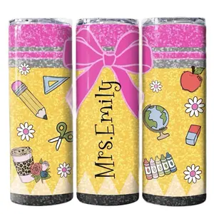 Teacher Appreciation Tumbler - Decorative Bottle with Pink Bow, Yellow Background, and School-Themed Illustrations - Drinkware Water Bottles
