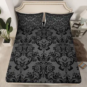 Adults Dark Olive Green Vintage Damask Floral Sheet Set Oriental Antique Sheets with Deep Pocket Fitted Sheet Gothic Bohemia Boho Flower Bed Sheets Set Gothic Skull Bed Set
