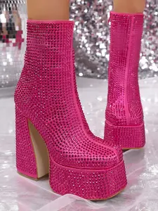 Women's Fashion Luxury Rhinestone Barbie Silver Color Chunky High Heel Short Boots, Waterproof Platform, PU Upper Material, All Seasons
