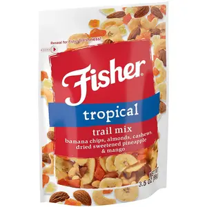 Fisher Snack Tropical Trail Mix, 3.5 Ounces, Banana Chips, Almonds, Cashews, Dried Sweetened Pineapple and Mango