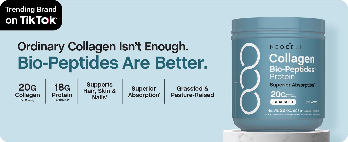 NeoCell Collagen Bio-Peptides Powder | 22oz | Super Hair, Skin, and Nails | Superior Absorption | Grassfed Protein Supplement | Advanced with 18 Essential Amino Acids NeoCell Collagen Bio-Peptides Powder | 22oz | Super Hair, Skin, and Nails | Superior Absorption | Grassfed Protein Supplement | Advanced with 18 Essential Amino Acids