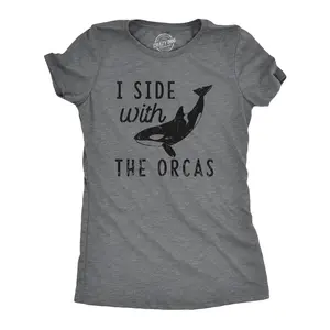Womens I Side With The Orcas T Shirt Funny Orca Killer Whale Lovers Tee for Ladies Funny Womens T Shirts Cute Vintage Fashion Casual Ladies T-Shirt Gift Sarcastic Tops for Women Funny Animal Top Women's Novelty Dark Grey