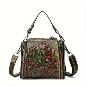 Vintage Embossed Floral Genuine Leather Women's Crossbody Bag, Top Layer Cowhide Shoulder Bag for Women