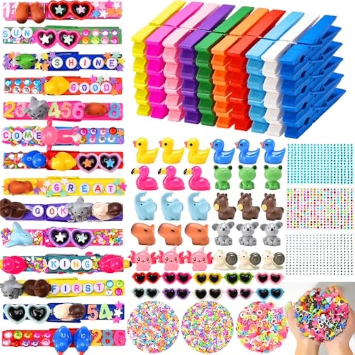 80 Set Cheer Pins Spirit Clips Include 80 Wooden Cheer Colored Clothes Pins 80 Mini Resin Animals, 200 Letter Beads Number for Cheerleading Backpacks Cheer Gifts Bulk