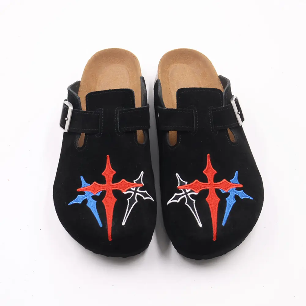 Gothic Cross Embroidered Suede Mules - Streetwear Ready  All-Day Comfort Cork Footbed Clogs for Men