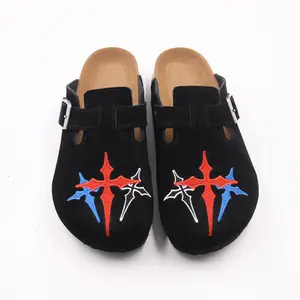 Gothic Cross Embroidered Suede Mules - Streetwear Ready  All-Day Comfort Cork Footbed Clogs for Men