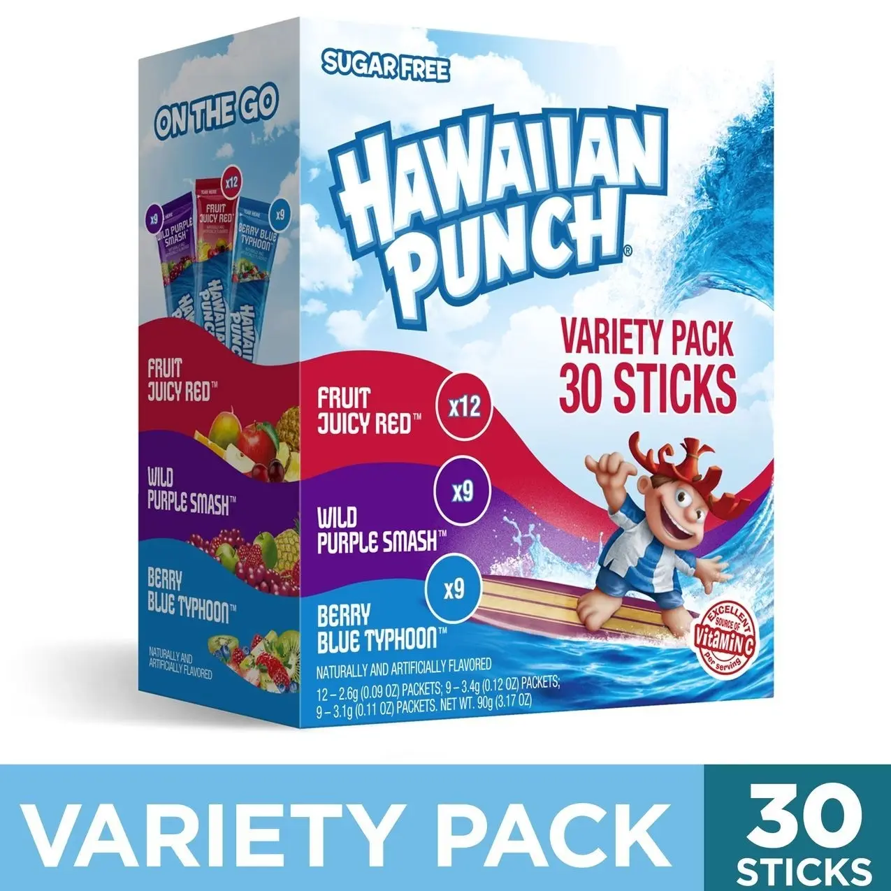 Hawaiian Punch Powder Drink Mix Variety Pack, Red, Blue, & Purple, Sugar-Free, 30 Count
