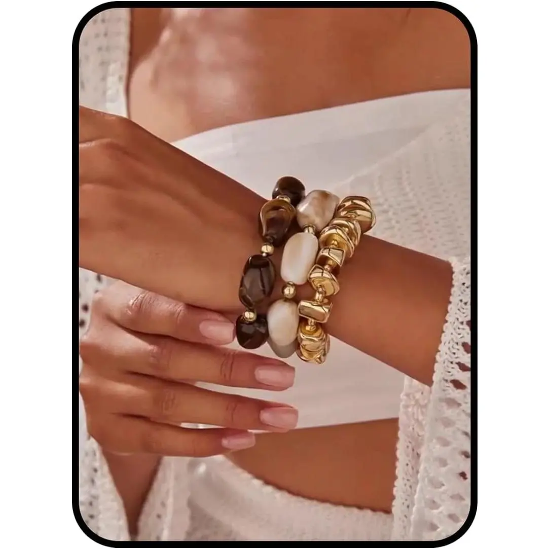Gold Bracelet Stack For Women, 3Pcs Jade Vintage Chunky Stackable Stretch Boho Western Adjustable Bracelet Stacks Statement Dainty Tarnish Free Waterproof Jewelry Gift