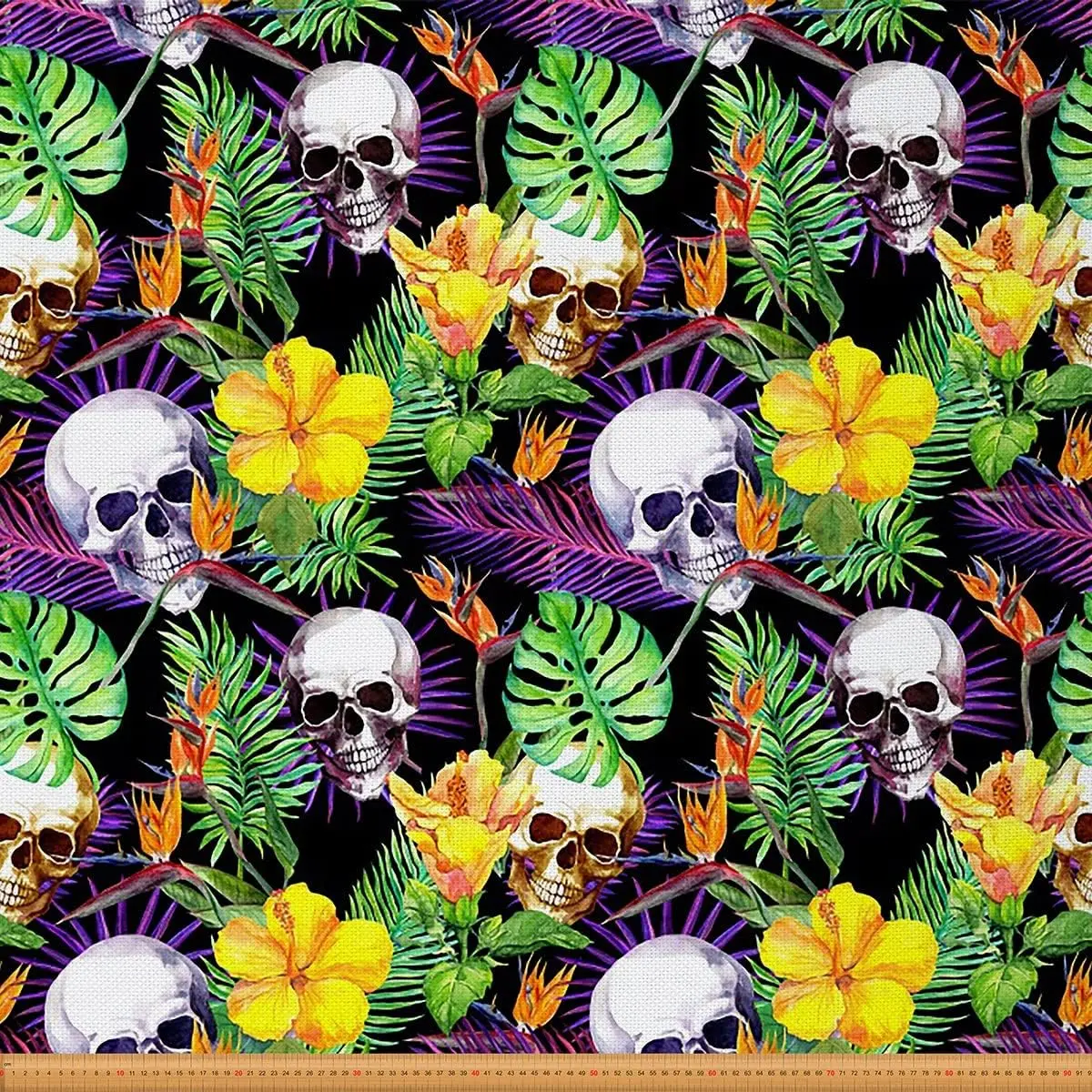 Skull Fabric by The Yard,Palm Leaves Skeleton Upholstery Fabric,Watercolor Tropical Floral Botanical Leaf Print Decorative Waterproof Fabric,1 Yard,, Durable Fabric