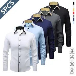 Pack of 5 Casual Color Block Men's Long Sleeve Button Down Shirt, Men's Spring & Autumn Mature Shirt