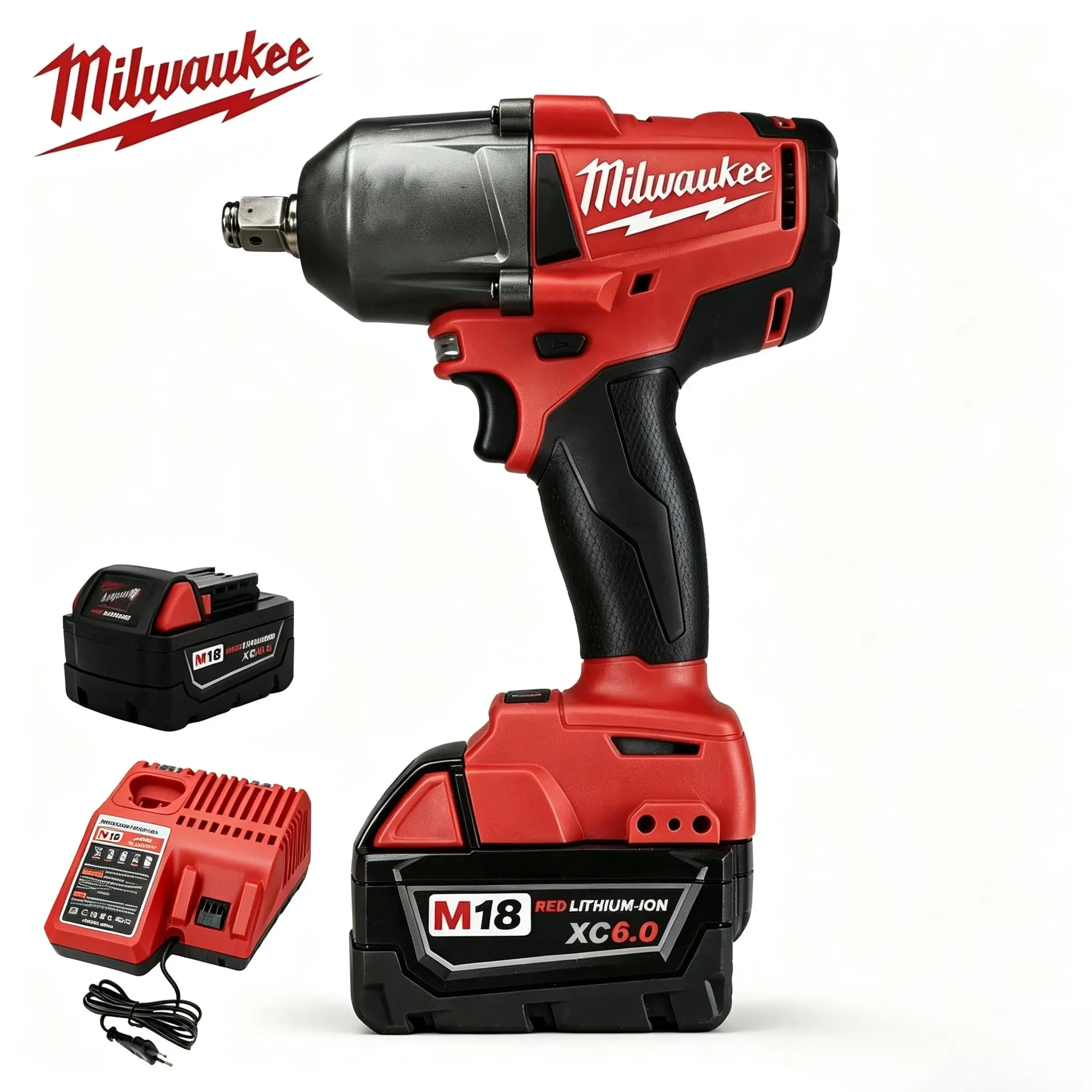 Milwaukee M18 1/2" Square Drive Impact Wrench Kit, Red Lithium-Ion XC6.0 Battery Included, 900N.m Max Torque, 0-2800 RPM, 3200 IPM, for Auto Repair & Heavy-Duty Construction
