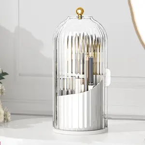 Dustproof Toothbrush Holder with Cover & 360° Rotating Makeup Brush Organizer for Bathroom Vanity Gift Plastic Transparent Non-Slip Drainage