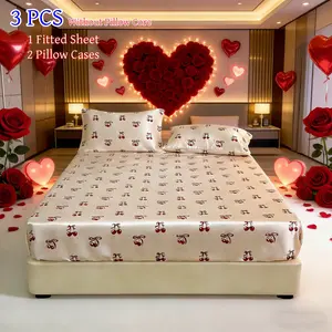 Cherry Bow Bed Sheet Set 3 Piece, Silky Satin Bedding, Deep Pocket Mattress Cover, Minimalist Style, Fashionable Home Textiles, Made in China