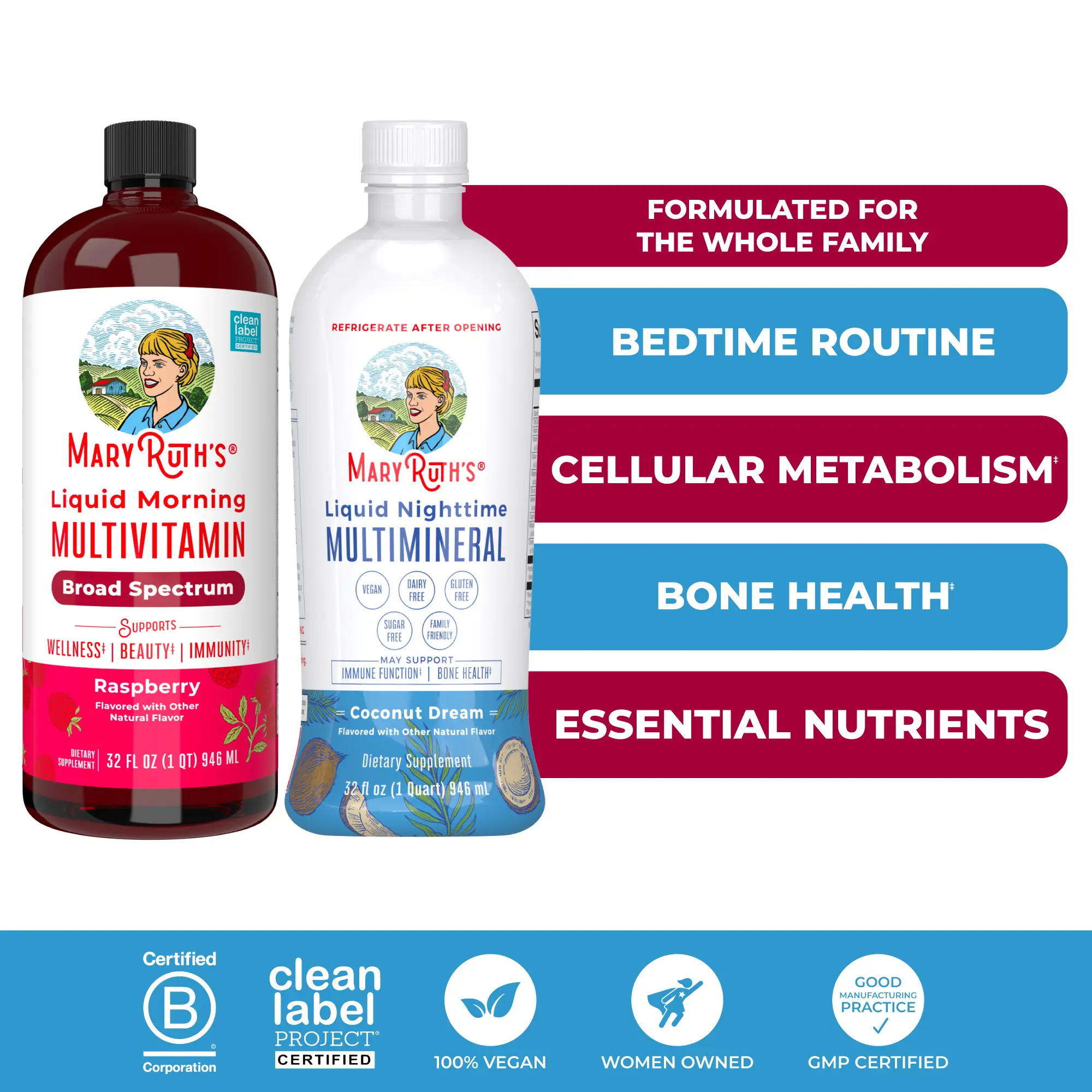 MaryRuth's AM & PM Bundle - Raspberry Liquid Morning Multivitamin - Coconut Liquid Nighttime Multimineral