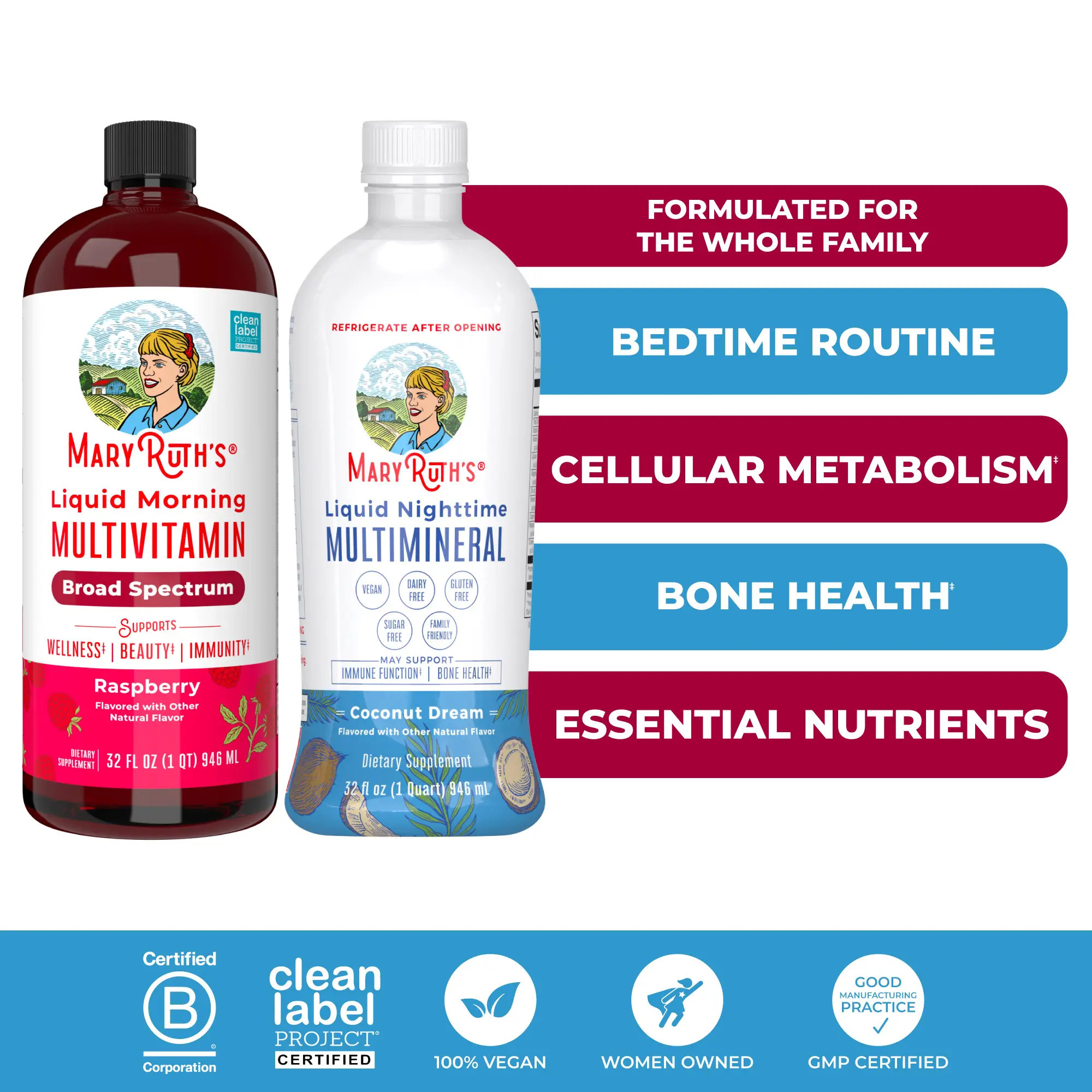 MaryRuth's AM & PM Bundle - Raspberry Liquid Morning Multivitamin - Coconut Liquid Nighttime Multimineral
