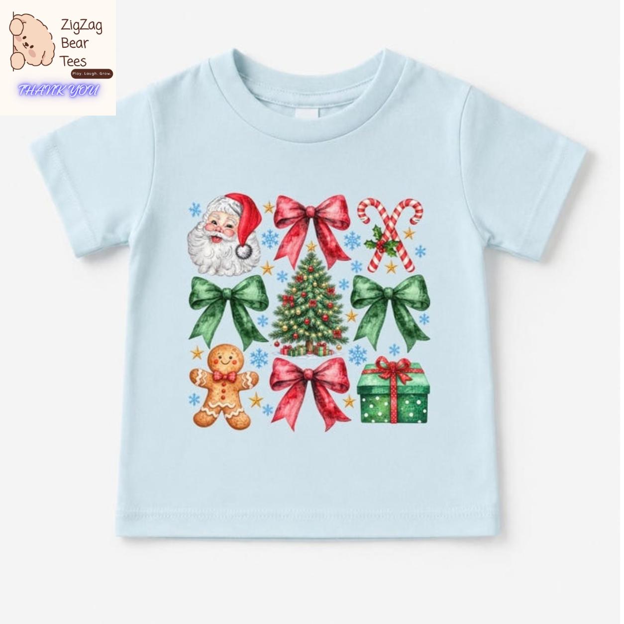 Santa And Bows Christmas Shirt, Christmas Girls Tee, Santa Tee, Kids Christmas Shirt, Cute Xmas Shirt for Girls, Coquette Holiday Tee, Full Sizes
