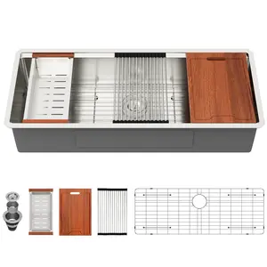 Lordear 45 Inch Undermount Kitchen Sink Super Large Ledge Workstation 16 Gauge Stainless Steel Single Bowl Under Counter Kitchen Sink with Built-in Accessories 45''x19''x10''