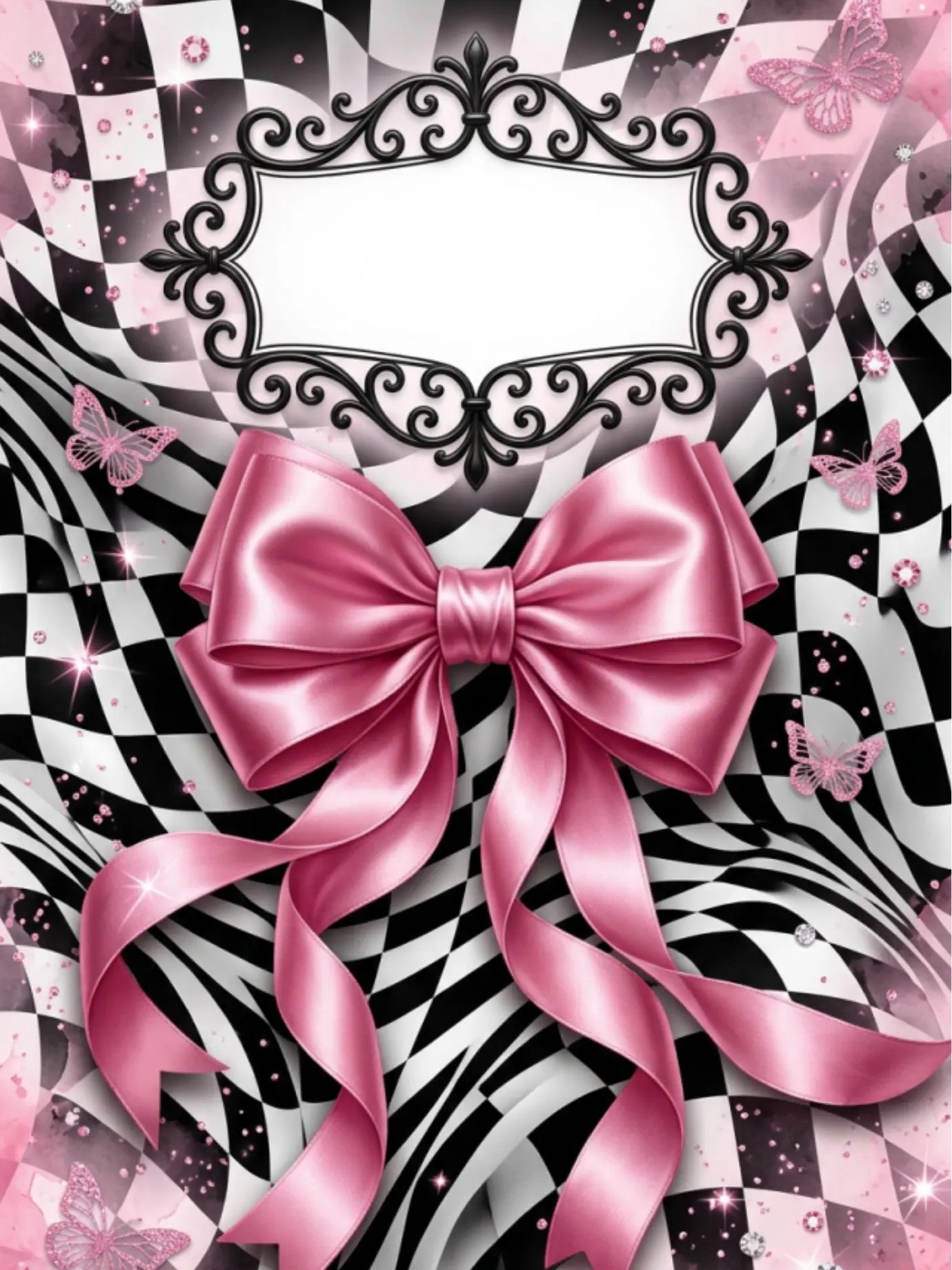Pretty Chaos Custom Blank Composition Notebook - Office Stationery with Alternate Checkerboard Design, Pink Bow, for Office Use, Personal Writing Journal