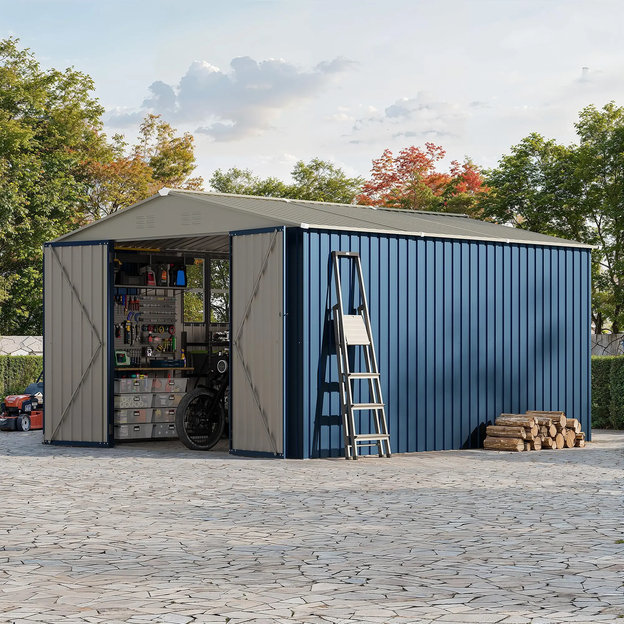 GAOMON 10x12 FT Navy Blue Steel Outdoor Storage Shed - Floor Frame, Transparent Window, Lockable Doors for Garden, Backyard