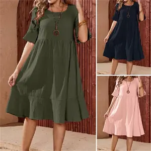 Women’s Olive Green Crew Neck Short Sleeve Midi Dress Casual Loose Fit Dress