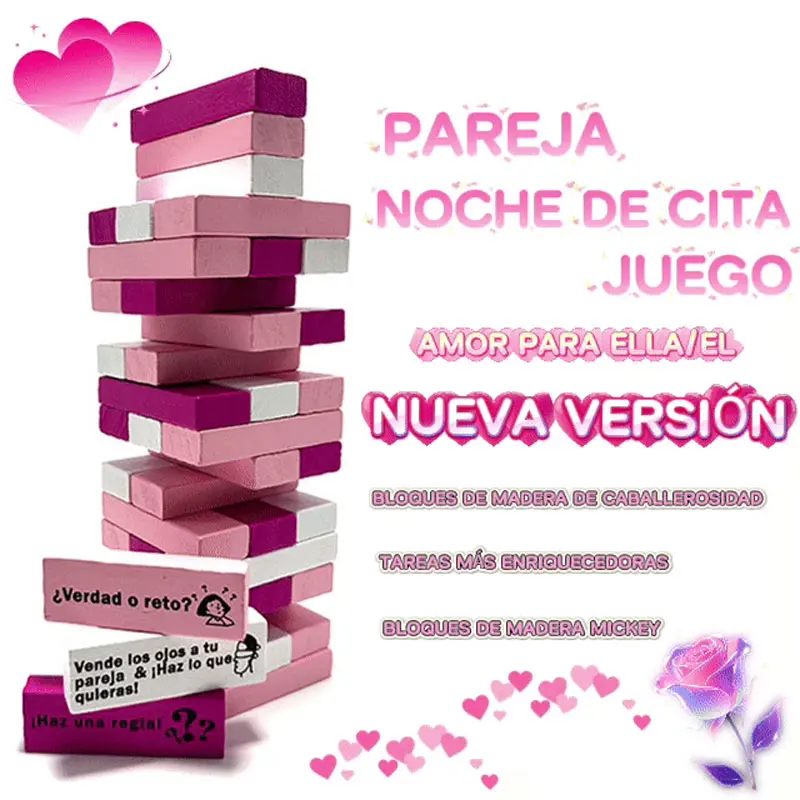 Block tower game (Spanish version), three-color blocks, tower game for couples, gifts for friends, the best game for parties. Couple gifts for adults, date night ideas for him, boyfriend, wife, husband and couples, gifts for men