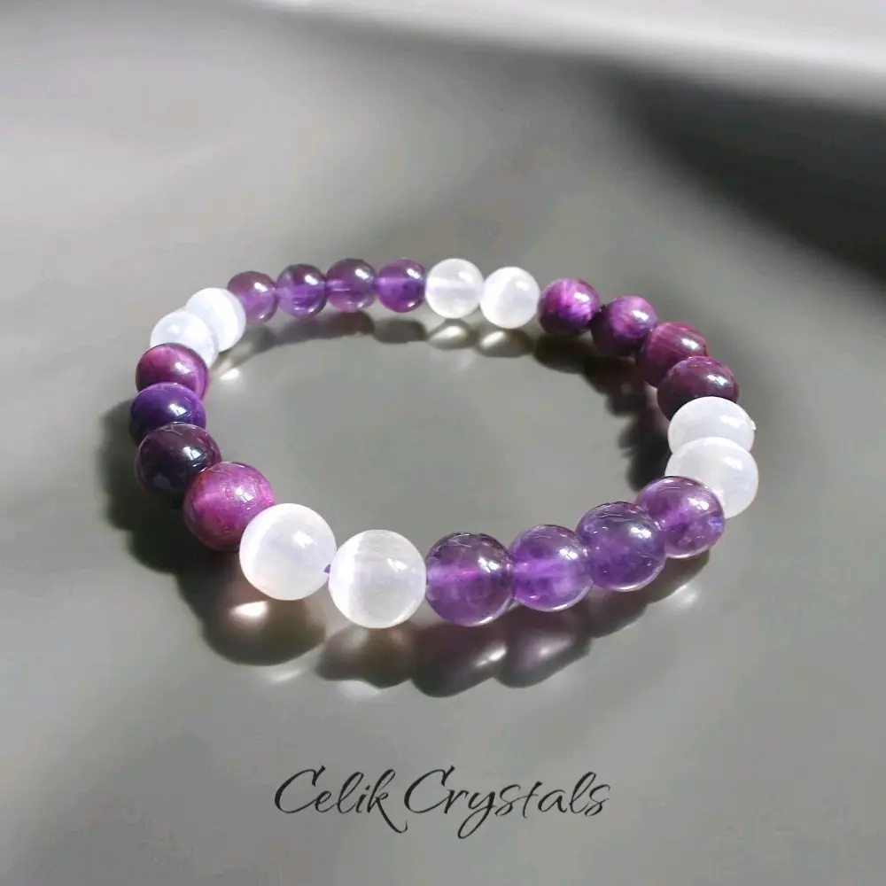 Original Amethyst Crystal Bracelet with Selenite & Tiger Eye, 8mm Beaded Unisex Design, Stretch Fit 6.5-8.5 in for Triple Protection & Calming, Female, Adults, Celik Crystals, 6.5 - 8.5 Inches, Energy Shielding, High Grade, Crystal Beads