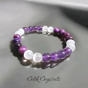 8mm Amethyst Bracelet with Selenite and Purple Tiger Eye Beads for Men and Women calming crystals jewelry high quality crystal Triple Protection natural