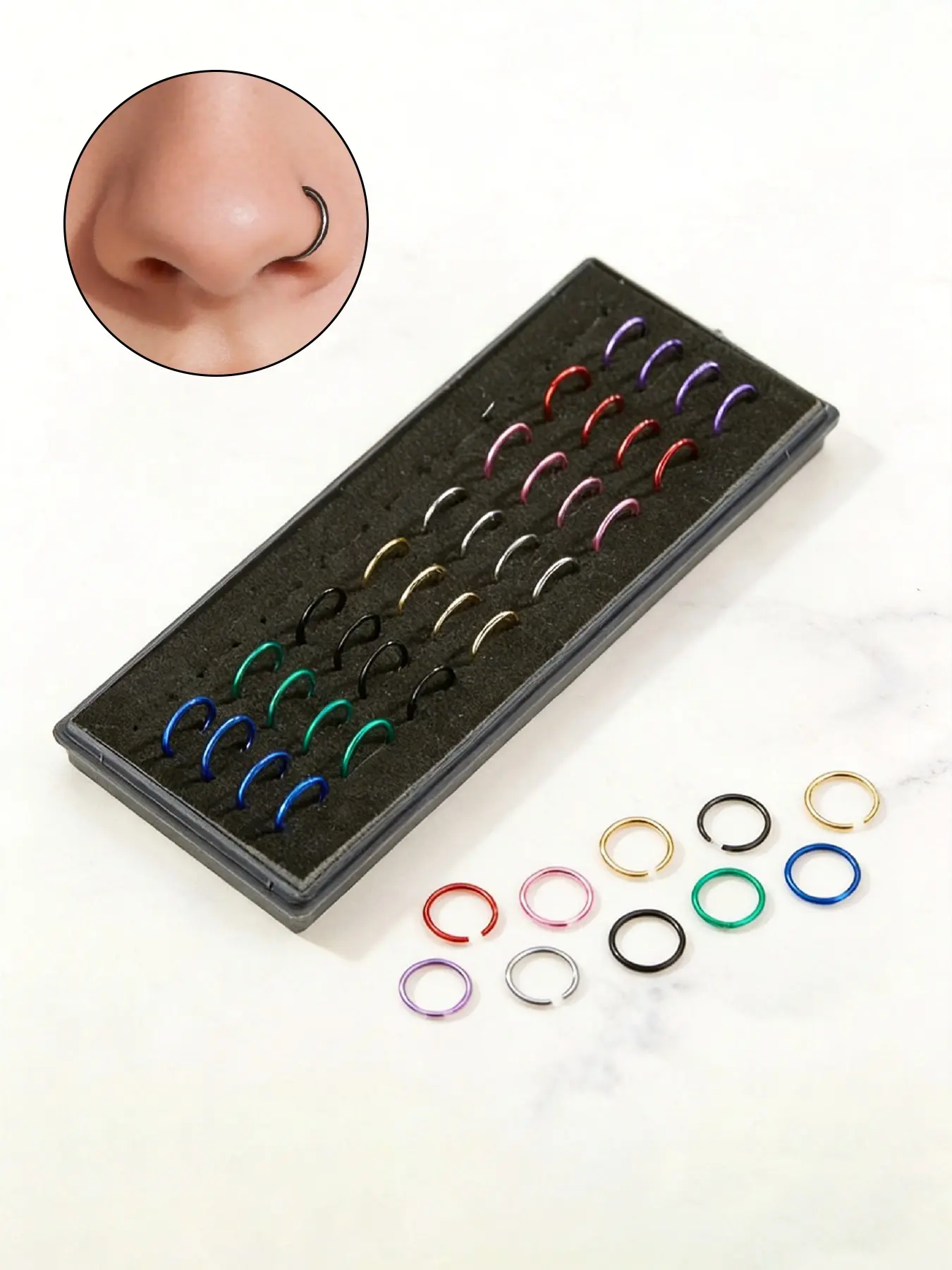40Pcs  Stainless Steel Nose Rings Set, Colorful Hoop Nose Piercing Rings, Hypoallergenic Open Nose Hoop Body Jewelry for Women Men, Nose Rings Hoops