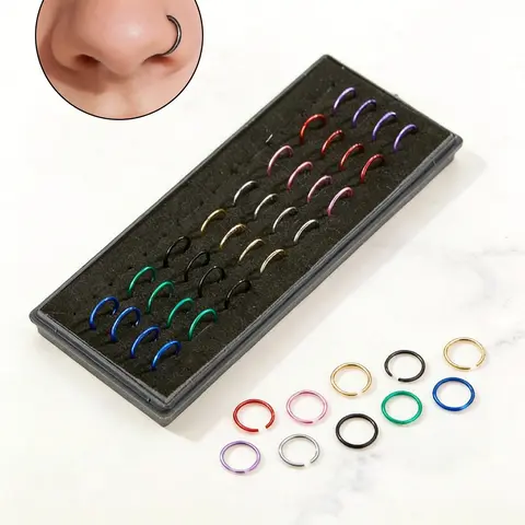 40Pcs  Stainless Steel Nose Rings Set, Colorful Hoop Nose Piercing Rings, Hypoallergenic Open Nose Hoop Body Jewelry for Women Men, Nose Rings Hoops