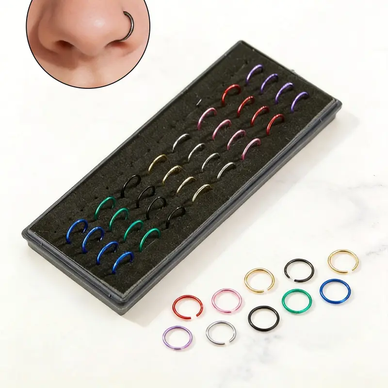 40Pcs Stainless Steel Nose Rings Set, Colorful Hoop Nose Piercing Rings, Hypoallergenic Open Nose Hoop Body Jewelry for Women Men, Nose Rings Hoops