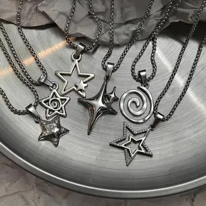 6Pcs Y2K Minimalist Star Layered Necklaces Silver Tone Geometric Star & Spiral Pendant Set for Gift Giving & Daily Wear
