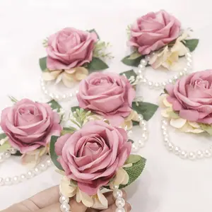 6pcs of Wedding Supplies Including Wrist Flowers And Corsages for Brides And Bridesmaids, Featuring Creative New European-Style High-End Designs with Artificial Roses